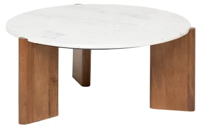 Produktbild von Runder Couchtisch aus Marmor mit Beinen aus massivem Mangoholz