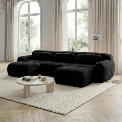 Produktbild von U-förmiges modulares Sofa, Plüschstoff, montagefrei & rutschfest mit Kissen, ergonomisch & hochelastisch, für Wohnzimmer & Schlafzimmer, Schwarz