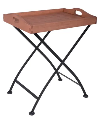 A wooden tray table with black metal legs against a white background.
