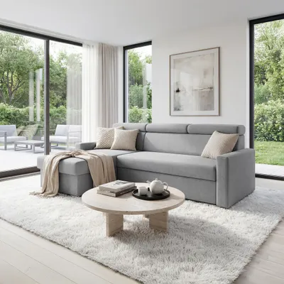 Produktbild von Ecksofa Vega L mit Schlaffunktion Zero-Wall Funktion Samtsofa 224 cm Hellgrau