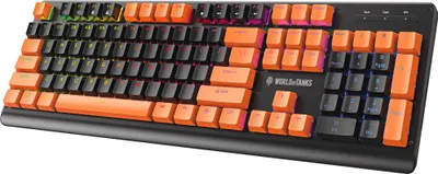 A close-up, angled view of a black mechanical keyboard with orange keycaps and RGB backlighting.