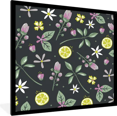 Produktbild von MuchoWow® Gerahmtes Poster Sommer - Blumen - Zitrusfrüchte - Schwarz 40x40 cm - Poster mit Schwarzem Bilderrahmen Wandposter Rahmen Foto Bilder - Mit Rahmen - Wanddekoration Schlafzimmer
