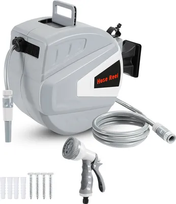 Produktbild von TolleTour Schlauchtrommel Schlauchaufroller 20M 180°Schwenkbar Premium Automatik Wand-Schlauchbox mit Wasserpistole, Inkl. Wandhalterung, Grau