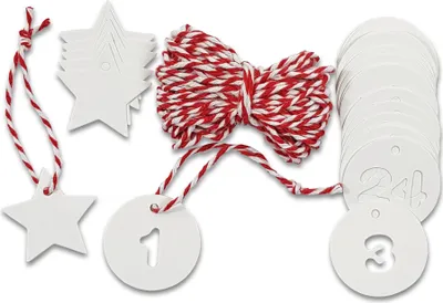 Produktbild von 24 gestanzte Adventskalenderzahlen - rot-weiß - aus stabilem weißen Papier inkl. 8 Meter Schnur + 6 Stern Anhänger / Weihnachtsanhänger/ Weihnachtskalender/ Adventskalender Anhänger
