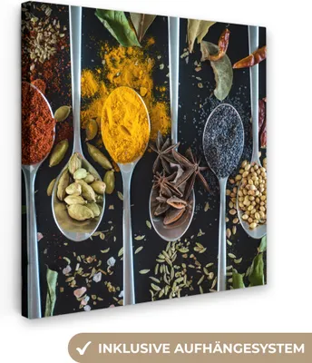 Produktbild von MuchoWow® - Leinwandbilder - Gewürze - Löffel - Schwarz - Küche, Wandbild, Wanddeko Bilder Wohnzimmer, 90x90 cm