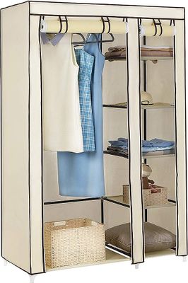 Kleiderschrank Stoffschrank Faltschrank  Wäscheschrank Garderobe mit Kleiderstange  |  Vlies Gewebe | Beige 172x110x43cm