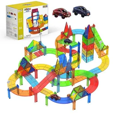 Imagen del producto de Olvy: Bloques magnéticos Montessori, juguete para niños a partir de 3 años. Incluye 126 piezas magnéticas para construir, un juego de construcción, y un juguete educativo.