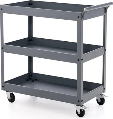 Zdjęcie produktu dla 3-poziomowy metalowy wózek na kółkach z ergonomicznym uchwytem, szary