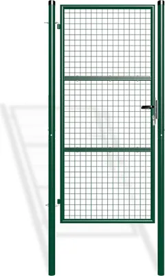 A green metal garden gate with a mesh infill.