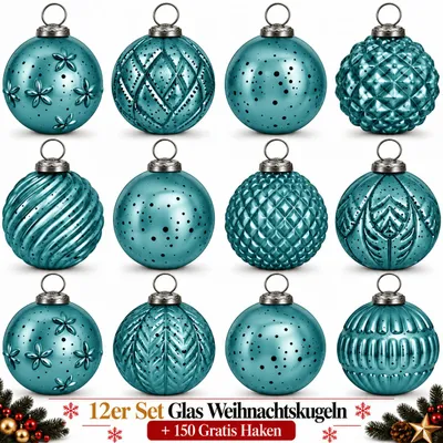 Produktbild von Weihnachtskugeln Glas 12er Set Christbaumkugeln Baumschmuck Türkis Pretrolblau