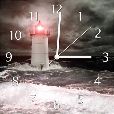 Produktbild von Wallario Design Wanduhr Leuchtturm im Wasser bei stürmischer See aus Echtglas, Größe 30 x 30 cm