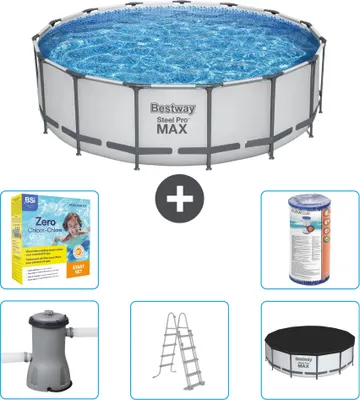 Produktbild von Bestway Round Steel Pro MAX Schwimmbad – 457 x 122 cm – Grau – inklusive Pumpe – Leiter – Abdeckung Wartungspaket - Filter