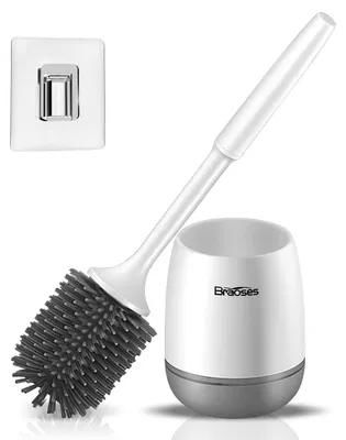 Immagine prodotto di Set spazzola per WC con supporto, in silicone, con manico lungo, da montare a parete, modello da appoggio, colore bianco o grigio
