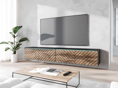 Image de Minio, armoire TV, buffet TV "Donna" 180 cm, debout, suspendu, LED, façade MDF avec motif Herringbone, noir graphite/couleur chêne Wotan