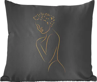 Produktbild von MuchoWow® Zierkissen Sofakissen Wohnzimmer Dekokissen 40x40 cm Frau - Schwarz - Gold - Strichzeichnung - Foto Kissen - Schlafzimmer Dekoration
