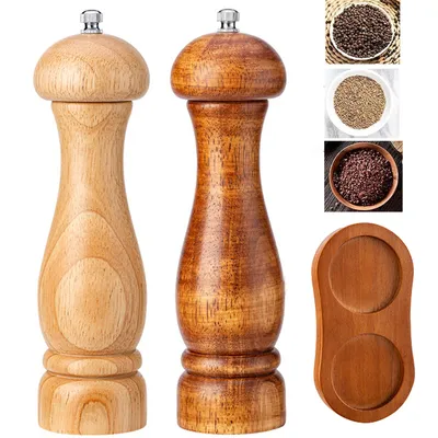Produktbild von Salz- & Pfeffermühlen, Holz Gewürzmühle mit Keramikmahlwerk, mit Untersetzern, Einstellbarer Schleifgrad, Gewürzmühlen 2er-Set, Manuelle Salzmühle