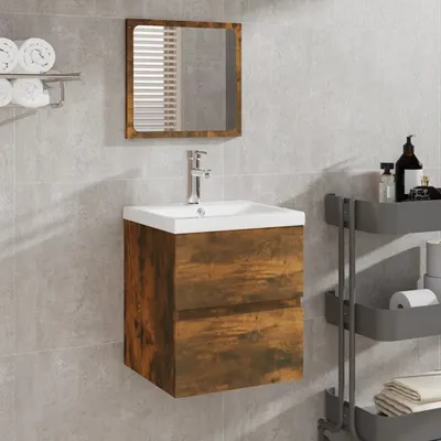 Obrázek produktu pro The Living Store Umyvadlová skříňka se zrcadlem s umyvadlem kouřový dub