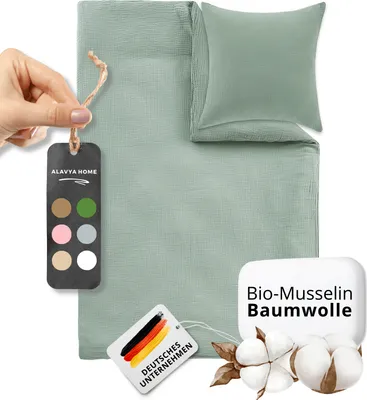 Produktbild von Alavya Home® Kinderbettwäsche Home - 2-teiliges Bettwäsche - Baumwolle - GOTS und 100 - Bettwäsche-Set Musseline 100x135cm + 40x60cm I Perfekt für Mädchen und Jungs - Khaki