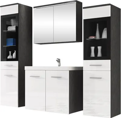 Produktbild von MIRJAN24 Badmöbel-Set Madrit II, Badezimmer-Set mit Spiegel und Waschbecken (Farbe: Matera / Weiß Hochglanz, mit Siphon, ohne Beleuchtung)