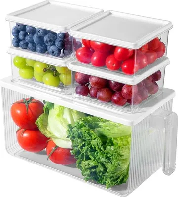 Immagine prodotto di Scaffale refrigerato, 5 pezzi, contenitore ermetico con coperchio, scaffale refrigerato, frutta per la cucina, contenitore per alimenti, scaffale refrigerato, impilabile, dispensa, verdura, senza BPA