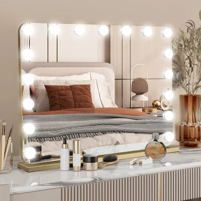 Produktbild von Puluomis Kosmetikspiegel Schminkspiegel 80x60cm Hollywood Spiegel Dimmbar mit 18 LED Beleuchtung 3 Farben, 10 Vergrößen, Wandspiegel golden, rund Ecke