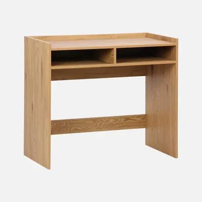 A wooden desk with two open shelves.