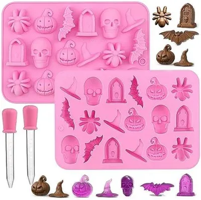 Obrázek produktu pro Silikonová forma na Halloween, balení po 2 kusech, silikonová forma na čokoládový dort s motivem Halloweenu, 3D silikonová forma na Halloween, čokoláda, cukrovinky, gumové medvídky