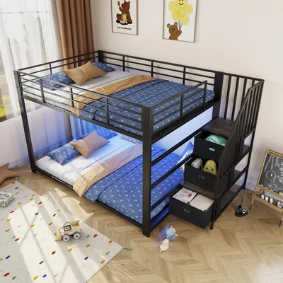 Imagen del producto de Cama nido de 140x200, de metal, con escalera, espacio de almacenamiento, luces LED, toma de corriente, cama superpuesta, escalera montable a la izquierda o a la derecha