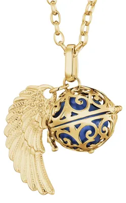Produktbild von Morella Damen Halskette gold Edelstahl 70 cm mit goldenem Anhänger Engelsflügel und Klangkugel blau Ø 16 mm in Schmuckbeutel