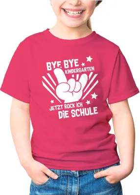 Produktbild von Kinder T-Shirt Mädchen Bye Bye Kindergarten Abschied Geschenk zur Einschulung Schulanfang Moonworks® pink 122-128 (7-8 Jahre)