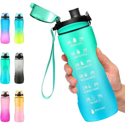 Obrázek produktu pro Láhev na pití s časovým značením, objem 750 ml, barva: mátová zelená, materiál: tritan, bez BPA, odolná proti úniku, vhodná pro sport a posilovnu