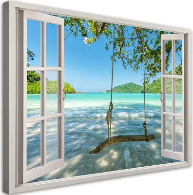 Produktbild von Leinwandbild Blick aus dem Fenster Meer Natur 90x60 Feeby Blau bild für die wand bereit zum aufhängen