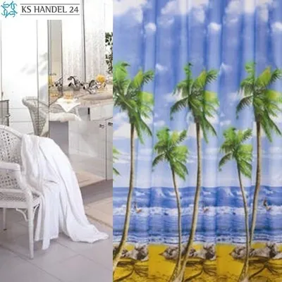 Produktbild von Textil Duschvorhang Palmenstrand 120x200 cm inkl. Duschvorhangringe weiss blau grün gelb braun