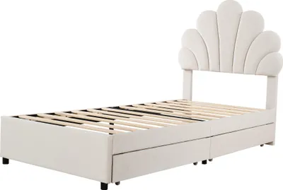 Produktbild von Merax Polsterbett 90x200cm mit Blumenform-Kopfteil, Kinderbett mit Lattenrost, Jugendbett mit 2 Schubladen, Einzelbett aus Samt, Beige
