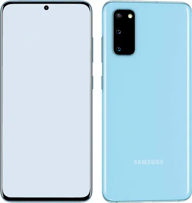 A front and back view of a blue Samsung Galaxy S20 smartphone, displayed side-by-side on a white background.