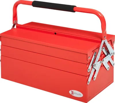 A red metal toolbox with multiple compartments is shown against a white background.