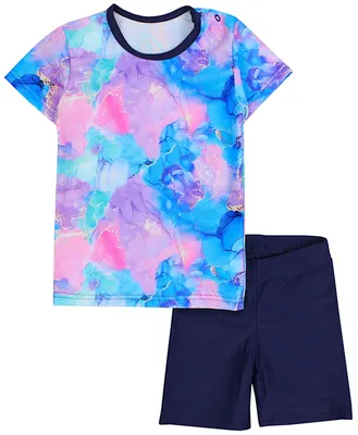 Produktbild von Aquarti Baby Mädchen Zweiteiler Kinder Badeanzug Bade-Set Bade T-Shirt Badehose UV-Schutz, Farbe: Tie Dye Blau Lila Rosa, Größe: 80
