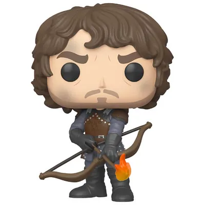 A Funko Pop! vinyl figure of Theon Greyjoy from Game of Thrones, holding a bow and arrow with a flaming arrow.