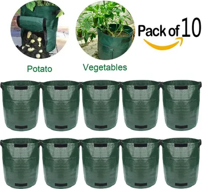 Obrázek produktu pro 10 Pack Plant Bag, pytel na brambory s oknem / suchým zipem / rukojetí, opakovaně použitelná taška na pěstování zeleniny tmavě zelená