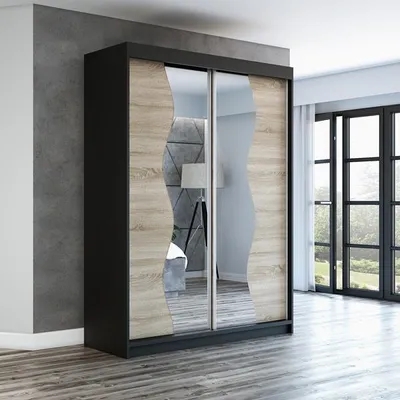 Produktbild von Schwebetürenschrank, 2-türig Schrank mit Spiegel! Moderne Garderobe für Kleidung. Verschiedene Farben (Weiß, Schwarz, Somona) Kleiderschrank RIMA 160 cm