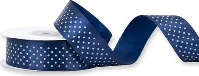 Einseitig glänzendes, weiß gepunktetes blaues Satinband auf Rolle. Perfekt für Bastelprojekte und Geschenkverpackungen
