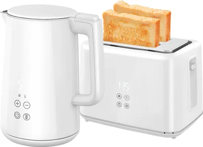 A white electric kettle and a white toaster with two slices of toast are shown side-by-side against a white background.