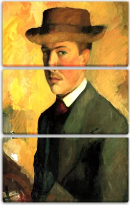 Produktbild von Leinwandbild 3-teilig (80x120cm): August Macke - Selbstportrait mit Hut, echter Holz-Keilrahmen inkl. Aufhänger, handgefertigt in Deutschland