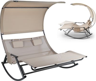 Hengda Doppel Sonnenliegec Doppelliege Gartenbett Relaxliege Belastbarkeit Sonnenliege mit Sonnendach&Kopfkissen Garden Stahl für Camping Beige
