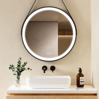 Image de S'AFIELINA miroir de salle de bain LED 60cm rond miroir de salle de bain avec éclairage cadre noir miroir mural avec interrupteur tactile, 3 couleurs de lumière 3000/4000/6500K
