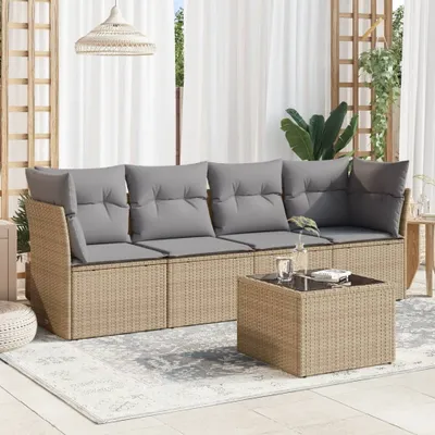 Produktbild von Design 5-tlg. Garten-Sofagarnitur mit Kissen Beige Poly Rattan, Gartenmöbel-Sets 2024 Neu