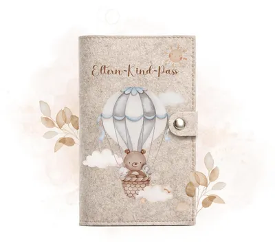 Produktbild von Eltern-Kind-Pass Hülle Filz mit Druckknopf, Mutter-Kind-Pass Hülle Österreich, Impfpasshülle Baby, Dokumententasche Heißluftballon Bär