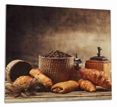Produktbild von Wallario Herdabdeckplatte aus Glas, Größe 60 x 52 cm 1-teilig, Motiv Französisches Frühstück mit Café und Croissants