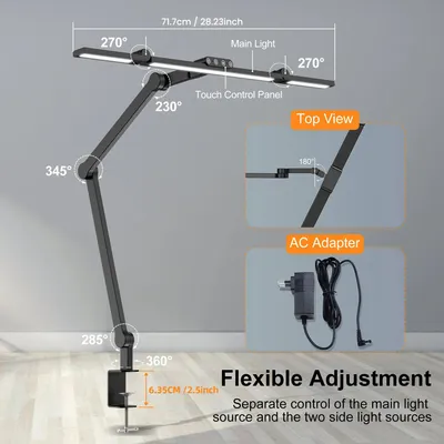 Image de Lampe de bureau - Lampe de lecture - Trois têtes de lampe LED - Fonction mémoire - Cinq températures de couleur - Cinq niveaux de luminosité - Angle de 45°