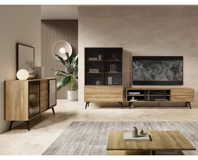 Produktbild von Wohnzimmer-Set in Eiche mit Lowboard, Vitrine & Kommode, 3-teilig - SIRACUSA-166